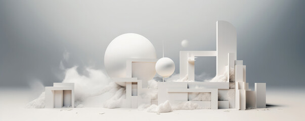 Wall Mural - a minimalist panorama featuring white abstract shapes inspired by technological elements, evoking a 