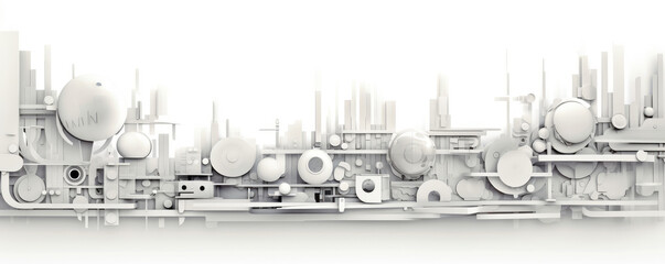 Wall Mural - a minimalist panorama featuring white abstract shapes inspired by technological circuitry, evoking a