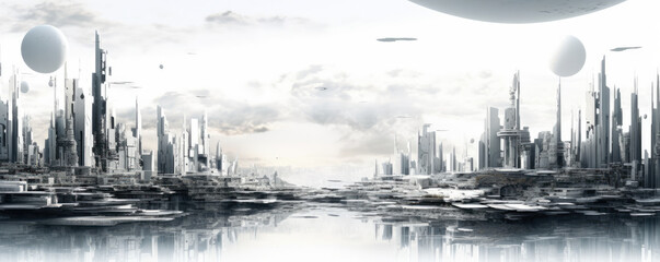 Wall Mural - an abstract display of white futuristic cityscapes in a panoramic view, showcasing the integration o