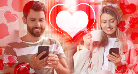 Sticker - Man and woman chatting on dating site indoors, banner design. Many hearts around them