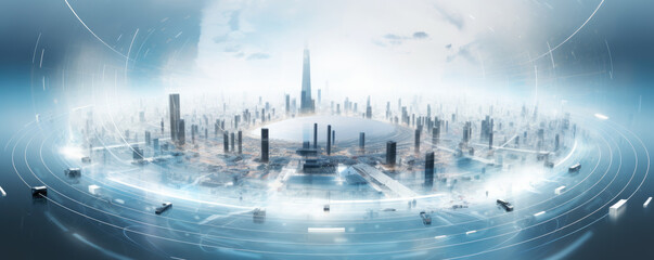 Wall Mural - panoramic view of white wireless signals radiating from a central point, representing the connectivi