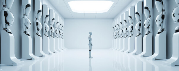 Wall Mural - a minimalist panorama showcasing white robotic forms against a backdrop of clean, futuristic lines