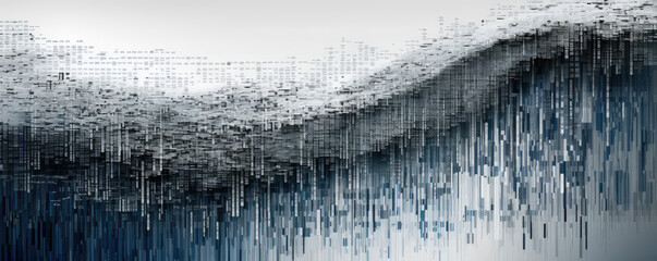 Wall Mural - an abstract display of white digital code cascading down in a panoramic waterfall, representing the 