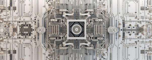 Wall Mural - minimalist panoramic view of a white circuit board with intricate patterns, symbolizing the inner wo