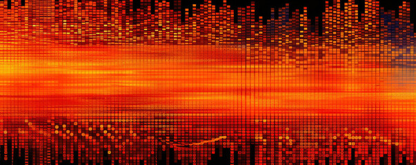Wide, panoramic representation of a flowing binary code stream in a vibrant, neon tangerine hue