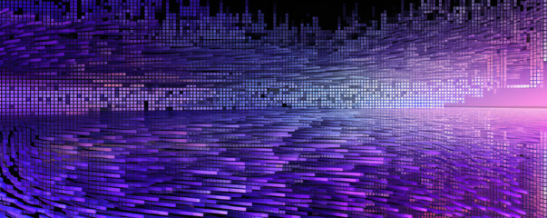 Panoramic display of a minimalistic digital code stream flowing in monochromatic, vibrant lavender hues