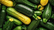 Zucchini On The Water, Fresh Zucchini Seamless Background, Adorned With Glistening Droplets Of Water. Top Down View.