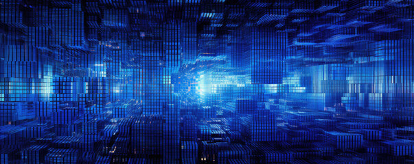 Wide, panoramic visualization of a simplistic digital matrix, rendered in electric blue tones