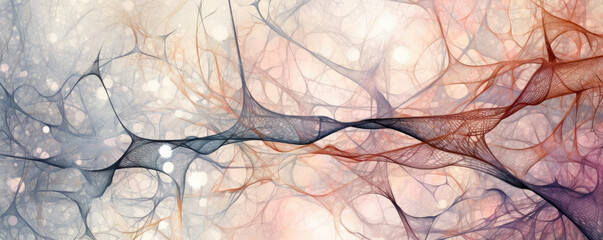 Wall Mural - abstract panorama of stylized neurons connected by thin lines, depicted in soft pastel tones