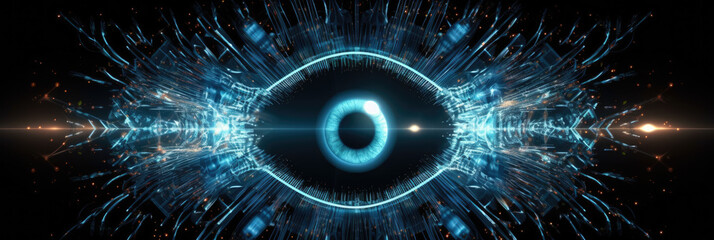 Wall Mural - abstract panorama of a stylized human eye made from glowing digital nodes, against a dark background