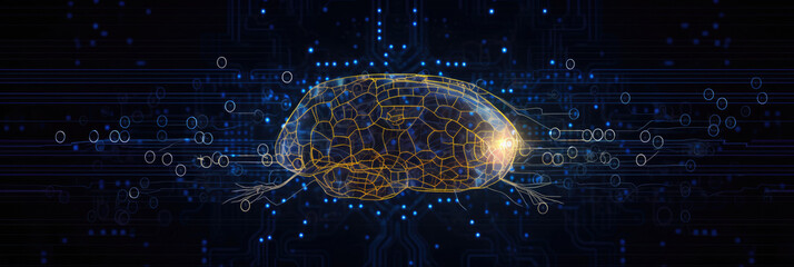 Wall Mural - minimalist panoramic wallpaper of a human brain silhouette filled with a circuit board pattern, agai