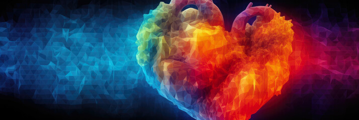 Wall Mural - abstract panorama of a stylized human heart made from digital pixels, against a vibrant gradient bac