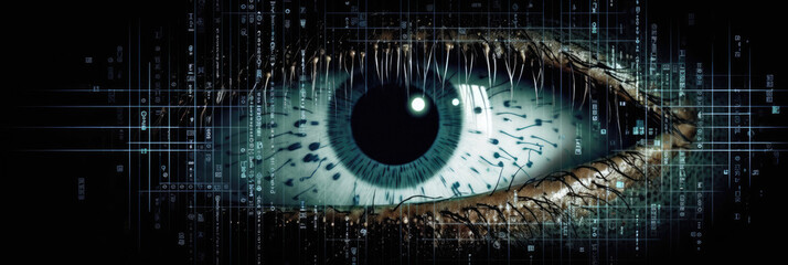 Wall Mural - abstract panorama of a stylized human eye made from digital pixels, against a dark background, symbo