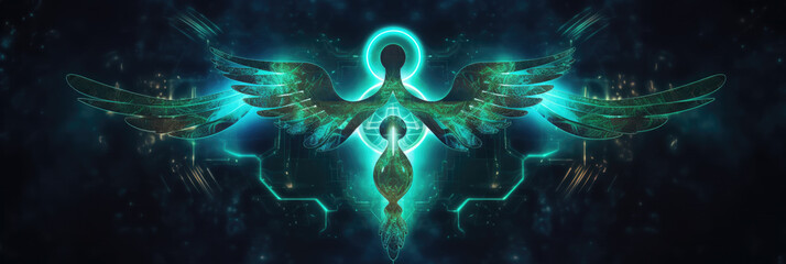 Wall Mural - abstract panoramic wallpaper of a stylized caduceus symbol made from glowing digital nodes, against 