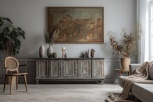 Vintage Cabinet In Grey Exquisite Living Room With Blank Wall And Copy Space. Generative AI