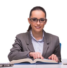 Wall Mural - Young businesswoman in office isolated on white