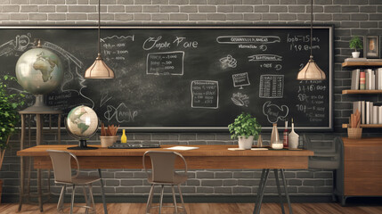 Generative AI Vintage college classroom with equation solution on blackboard at sunrise 3D Render