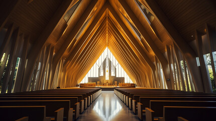 Poster - Generative AI Modern minimalistic church or chapel interior lit by morning sunlight. Two rows of empty wooden pews. Simple alar at the center. Place of worship with cross on the wall. Christianity, re
