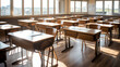 © Generative AI - Generative AI empty classroom with tables and chairs
