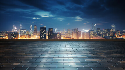 Wall Mural - Generative AI Empty floor and modern city skyline with buildings at sunset