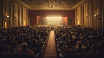 Aufkleber - Generative AI Cinema auditorium with people in chairs watching movie. Light of projector. High angle. Frontal view. Ready for adding your own picture.