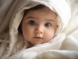 a very cute little white caucasian baby kid wrapped in soft white blanket on a bed. image perfect for ads. big blue eyes and tiny nose. Generative AI