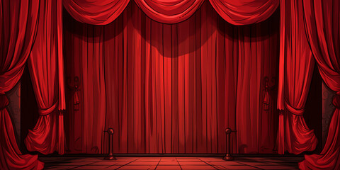 Poster - Generative AI Theater stage with red curtains and spotlights. Vector cartoon illustration of theatre interior with empty wooden scene, luxury velvet drapes and decoration with clouds and bushes