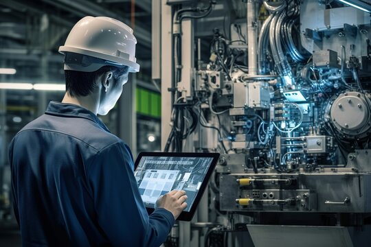 Engineer analyzing maintenance data on a tablet, forecasting machine maintenance, exemplifying Industry 4.0.