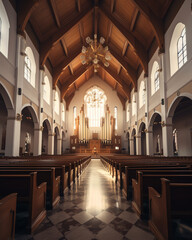 Wall Mural - Generative AI Rows of church benches at the old european catholic church.