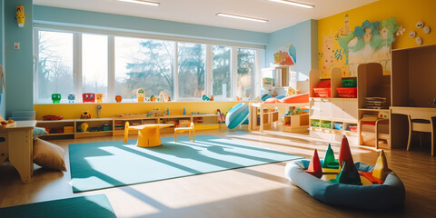 Fototapete - Generative AI classroom of a daycare center without children and teacher