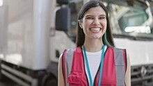 Young Beautiful Hispanic Woman Courier Smiling Confident Standing At Street