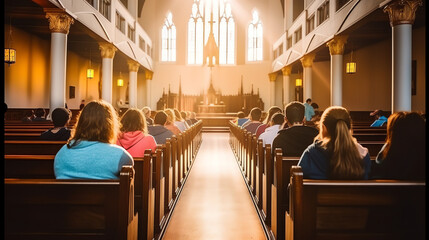 Wall Mural - Generative AI Rows of church benches at the old european catholic church.