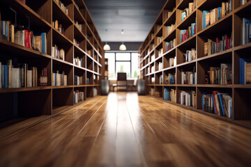 Fototapete - Generative AI Blurred image for background of many books on bookshelf in library.
