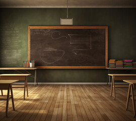 Poster - Generative AI Empty classroom with school supplies, black board