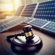 Courtroom Hammer And Solar Panels. Legal Framework For Distributed Generation Photovoltaic Solar Energy.