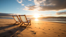 Generative AI Empty Chairs On Sandy Beach At Sunrise Or Sunset - Relaxation Concept