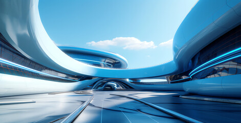 Poster - Generative AI Abstract futuristic architecture curved style common use. Modern buildings, city of the future. Futuristic city mall for sci-fi graphic backgrounds. 3D illustration.