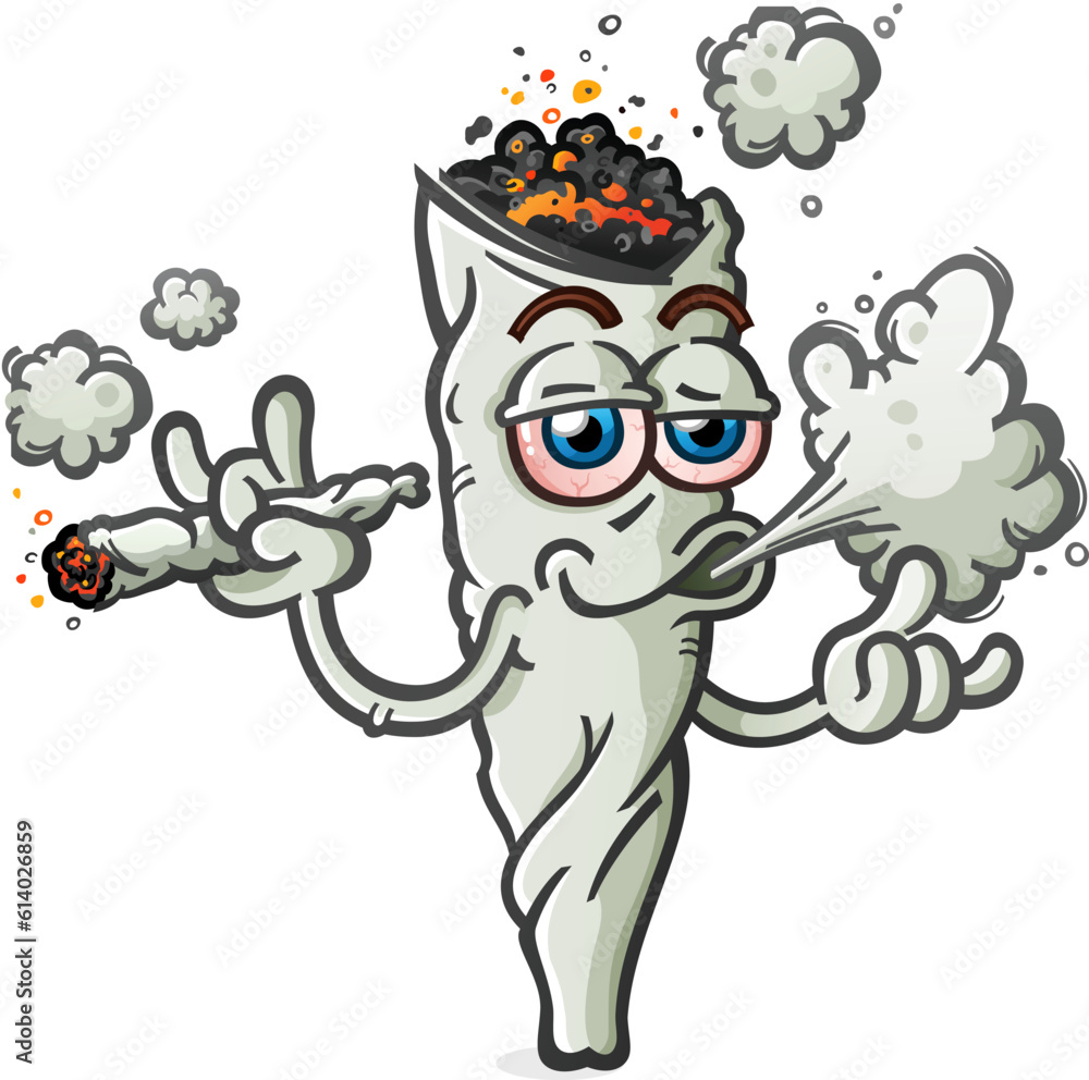Marijuana joint cartoon character sparking up and smoking a fat doobie and  blowing a smoke cloud Stock Vector | Adobe Stock, image size:1000x992