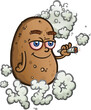 A baked potato cartoon character standing over a puff of smoke shaped like 420 and and smoking a big fat marijuana joint