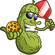 Pickle cartoon mascot with attitude wearing sunglasses ready to serve up an exciting game of pickleball on the courts