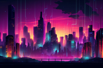 Generative AI Road to night city, empty highway and glowing skyline with futuristic urban architecture, megapolis infrastructure with modern skyscraper buildings, purple neon background, Cartoon vecto