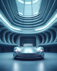 Poster - Generative AI 3d render of abstract futuristic architecture with concrete floor.