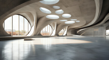 Poster - Generative AI 3d render of abstract futuristic architecture with concrete floor.
