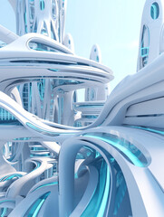 Poster - Generative AI Abstract futuristic architecture curved style common use. Modern buildings, city of the future. Futuristic city mall for sci-fi graphic backgrounds. 3D illustration.