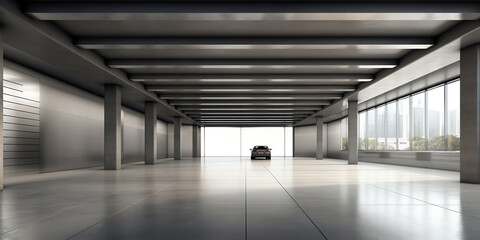 Poster - Generative AI 3d render of abstract futuristic architecture with concrete floor.