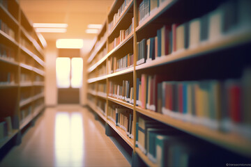 Fototapete - Generative AI Abstract blurred empty college library interior space. Blurry classroom with bookshelves by defocused effect. use for background or backdrop in book shop business or education resources 