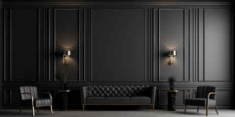 generative ai luxury living room in dark color. gray walls, warm ligh and lounge furniture - taupe c