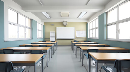 Aufkleber - Generative AI Classroom design with modern desks, seats and wardrobe 3D rendering