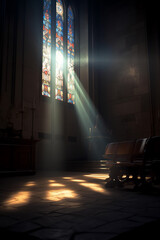Aufkleber - Generative AI Light from a window in the old dark room ,Old Chapel ,light of hope concept.