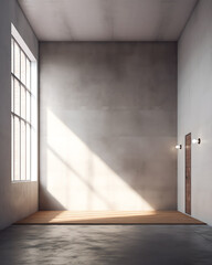 Poster - Generative AI Abstract 3d rendering of empty concrete room with light and shadow on the wall.
